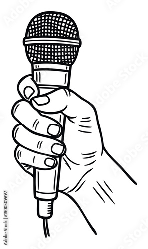 Vocal microphone held firmly by a persons hand, symbolizing communication, singing, or broadcasting for various media projects.