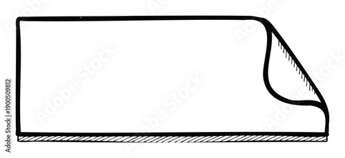 Hand drawn rectangular shape with a peeled top right corner revealing textured details and a striped base perfect for graphic design layouts and informational elements.