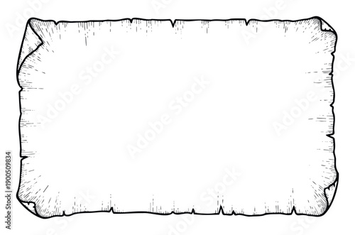 Hand drawn vintage scroll frame with distressed rugged edges and turned corners perfect for historical documents, ancient maps, or decorative graphic projects