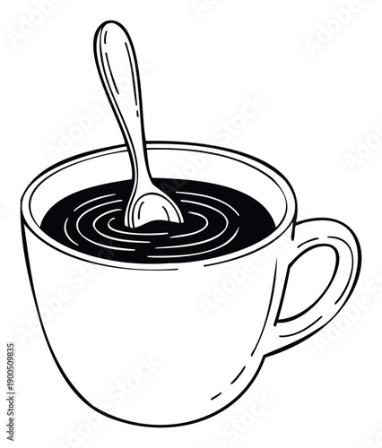 A handdrawn outline of a cup of hot beverage with a spoon creating ripples, perfect for menu designs, cafe promotions, morning routine concepts, or kitchen decor.