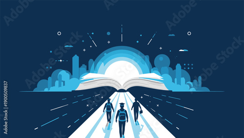 Three graduates walking on a path towards an open book and a stylized city skyline, symbolizing educational achievement, career path, and future success.