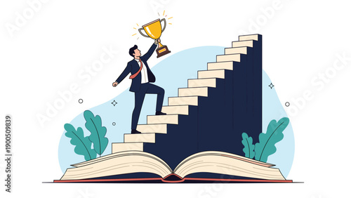 Successful businessman climbing stairs from a book to achieve a golden trophy, symbolizing personal growth, education, and career development.