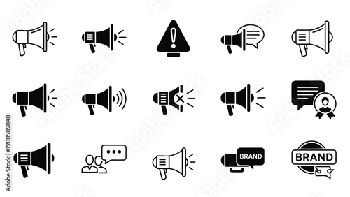 Flat lay of various black and white megaphone icons and speech bubbles on a clean white background with a minimalist style.