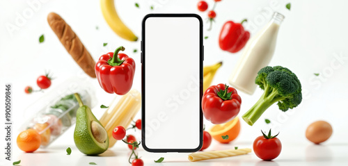 Smartphone screen displays fresh food ingredients flying around. Ordering groceries online is easy with this app. Get vegetables fruits bread milk and more delivered.