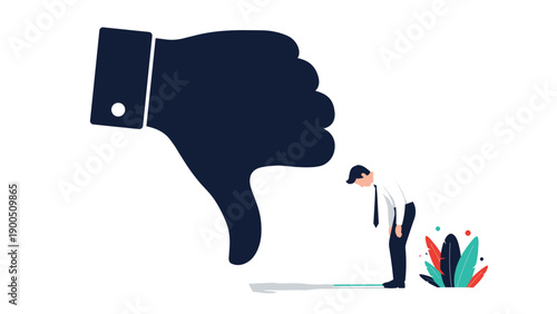 Depressed man standing below a giant thumbs down icon, illustrating concepts of failure, negative feedback, poor performance, and professional disappointment.