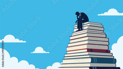 Silhouette of a pensive man sitting atop a towering stack of books, under a serene blue sky, symbolizing deep contemplation, knowledge, wisdom, and intellectual growth.