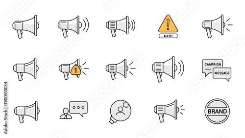 A collection of various megaphone icons in black and white line art on a clean white background with a neutral mood.