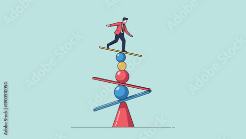 Man expertly balancing on a precarious stack of colorful geometric shapes and planks, symbolizing business stability, risk management, and maintaining equilibrium in complex situations.
