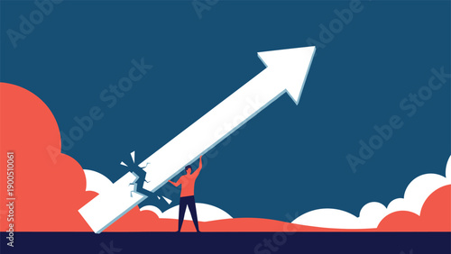 Man holding a large, broken upward-pointing arrow, symbolizing the act of overcoming setbacks, rebuilding momentum, and persevering through challenges.