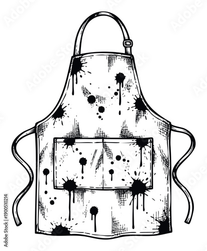 Handdrawn kitchen apron graphic with grunge ink splatters and drips, ideal for culinary blogs, restaurant menus, or DIY project visuals.