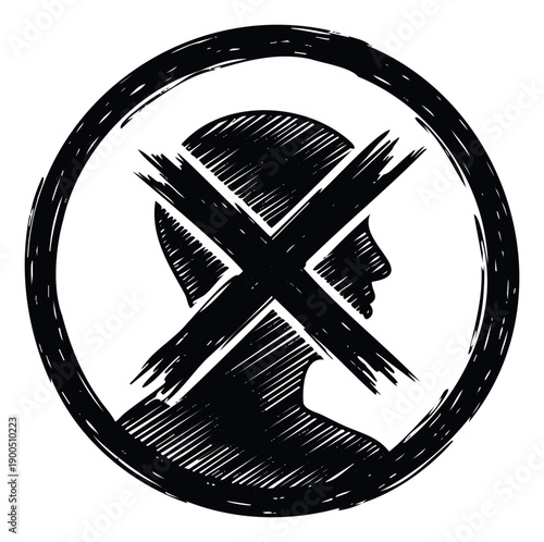 Grunge textured silhouette of a human head crossed out with an X inside a circular frame representing anonymity, censorship, or restricted access in visual communication projects