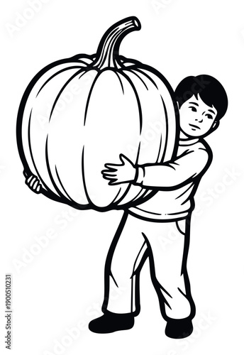 Young Asian boy strenuously carries a huge pumpkin, symbolizing the abundance of autumn harvest and seasonal holiday festivities for familyfriendly projects
