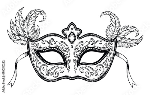 Hand drawn festive carnival mask with elaborate scrollwork and elegant feathers, perfect for event invitations, party decorations, or costume themed graphics.