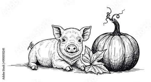 Cute farm piglet resting next to a festive harvest pumpkin and fallen autumn leaf sketch suitable for Thanksgiving cards or seasonal decorations