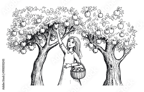 A cheerful young girl extending her arm to pick an apple from a large fruit tree, carrying a full basket of gathered produce for a wholesome harvest scene.