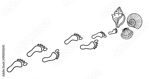 A winding path of bare footprints leading towards a collection of different seashells evokes feelings of summer holidays, beach adventures, and travel exploration for marketing campaigns.
