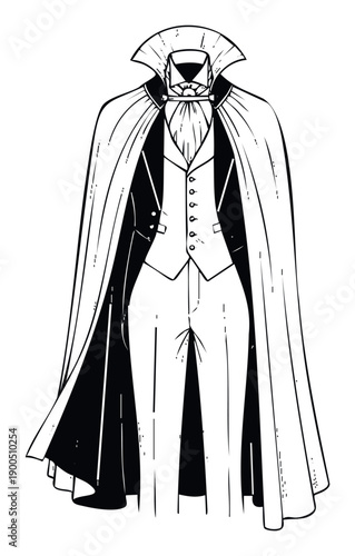Classic sophisticated vampire costume with flowing cape, waistcoat, and formal shirt perfect for Halloween, theatrical productions, or themed party invitations