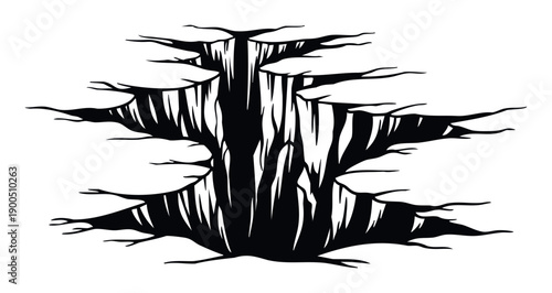 Deep jagged earth crack silhouette with rootlike tearing edges perfect for game assets and apocalyptic themes symbolizing rupture destruction or an underground chasm.