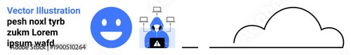 Cybersecurity, social media safety, hacker threats, data storage, cloud services, online security. happy face, hacker icon cloud symbol. Cybersecurity and social media safety visual theme