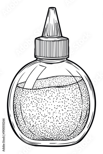 A minimalist black and white line illustration of a squeeze bottle containing speckled granular content, ideal for decorating supplies, food flavoring products, or DIY activity promotions.