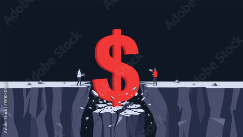 Gigantic red dollar sign dramatically breaking through a cracking cliff, with two people observing, symbolizing financial crisis, market collapse, and economic disruption.