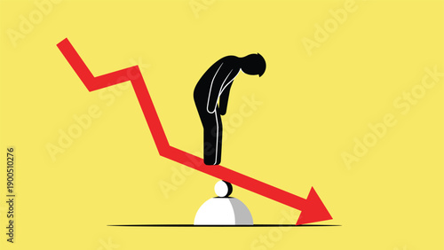 Silhouette of a man standing on a seesaw, leaning heavily on a downward-pointing red arrow, symbolizing decline, financial loss, business failure, and negative trends.