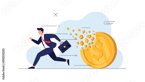 Businessman in a hurry, running away from a crumbling golden dollar coin, symbolizing financial crisis, economic collapse, and escaping market downturns.