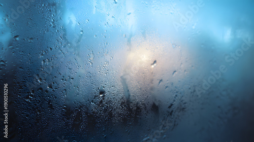 Macro shot of wet frosted glass with blue condensation and blurry light copy space