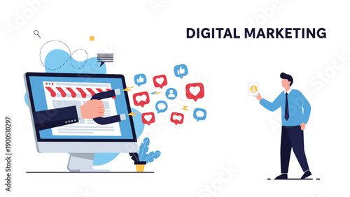 Computer screen displaying digital marketing elements like social media engagement, with a man holding a user profile icon, illustrating online advertising strategies.