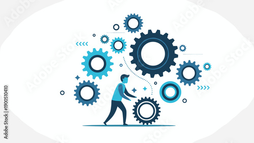 Man actively pushing a gear, surrounded by various other interconnected gears, symbolizing collaborative teamwork, operational efficiency, and synergistic business processes.