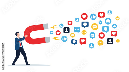 Businessman holding a giant magnet attracting various social media icons, symbolizing digital marketing, audience engagement, and attracting online attention.