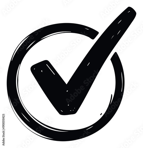 Bold black checkmark icon within a circle indicating affirmative action approval selection or successful completion suitable for user interfaces questionnaires and digital documents.