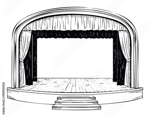 Black and white sketch drawing of an empty theater stage with open curtains and steps leading up to the platform, suitable for visual media and performing arts event promotions