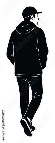 A silhouette of a young person wearing a cap and hoodie looking over their shoulder, creating a versatile graphic for urban lifestyle, casual apparel, and walking activities