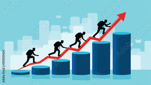 Silhouettes of individuals progressively climbing an upward-trending bar graph with a strong red arrow, symbolizing continuous growth, career advancement, and determined progress.