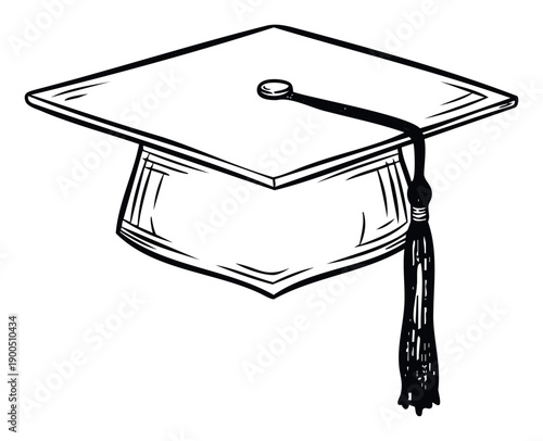 Black and white hand drawn sketch of a graduation cap with a tassel, perfect for celebrating academic achievements, school commencements, and educational milestone recognition materials.