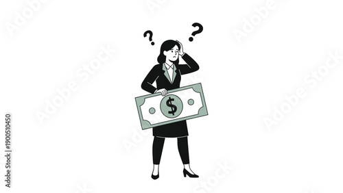 Woman with question marks floating above her head, holding a large dollar bill, symbolizing financial uncertainty, economic concerns, and difficult monetary decisions.