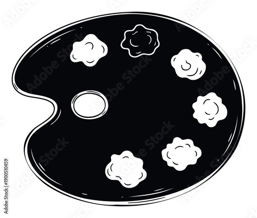 Black artist palette with white paint blobs for creative art and craft projects, useful for educational materials and hobby graphic resources in various applications.