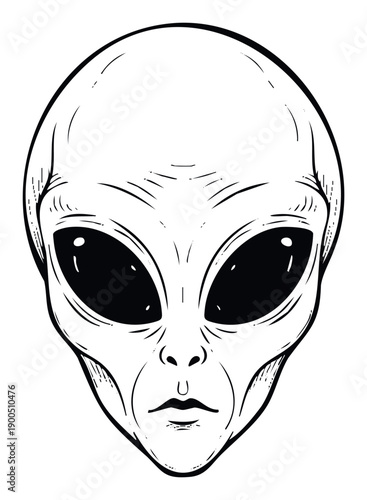 Stylized depiction of an otherworldly alien head with prominent black eyes, perfect for science fiction themed merchandise, mysterious posters, or graphic novel elements