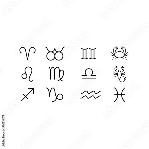 Zodiac signs symbols in minimalist line art style on white