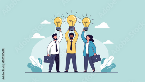 Three diverse individuals collaboratively holding glowing lightbulbs above their heads, symbolizing shared ideas, collective innovation, and brilliant teamwork.