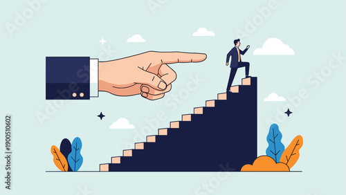 A giant hand decisively pointing towards a man walking up a staircase, symbolizing guidance, mentorship, clear direction, and support for career advancement.