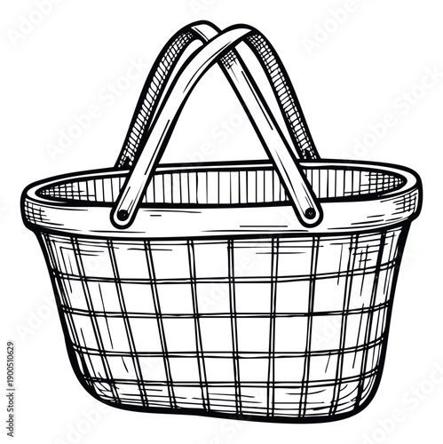 Classic hand drawn sketch of an empty market basket with a grid pattern and two handles, perfect for depicting groceries, picnics, or everyday storage concepts