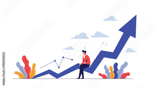 Pensive man sitting on a prominent blue upward-trending arrow, surrounded by other graphs, illustrating strategic thinking, market growth, and data-driven analysis for future success.