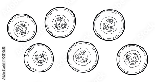 Collection of fresh cucumber slices in a black and white line drawing style, ideal for cooking education materials, healthy lifestyle promotions, or grocery store advertisements.