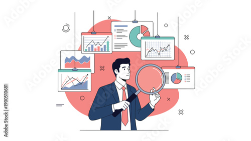 Businessman holding a magnifying glass, surrounded by various charts and graphs, representing in-depth data analysis, market research, and strategic decision-making.