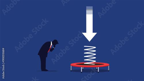 Silhouette of a pensive man observing a sharp downward arrow bouncing off a spring on a trampoline, symbolizing resilience, market recovery, and turning a decline into growth.