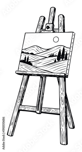 Wooden easel presenting a black and white sketch landscape drawing on canvas with rolling hills, tall trees, and a circular sun, perfect for educational materials, decorative prints, and