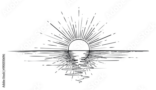 Stylized depiction of a sun setting or rising over a calm ocean surface, with vibrant rays reflecting on the water, ideal for travel branding or tranquil nature themed graphic compositions.