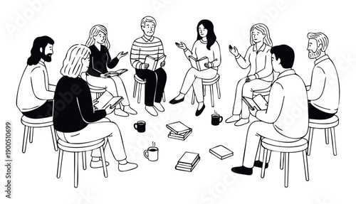 A diverse group of people engaged in a lively book discussion session, sharing ideas and knowledge in a collaborative learning environment, ideal for educational publications or community